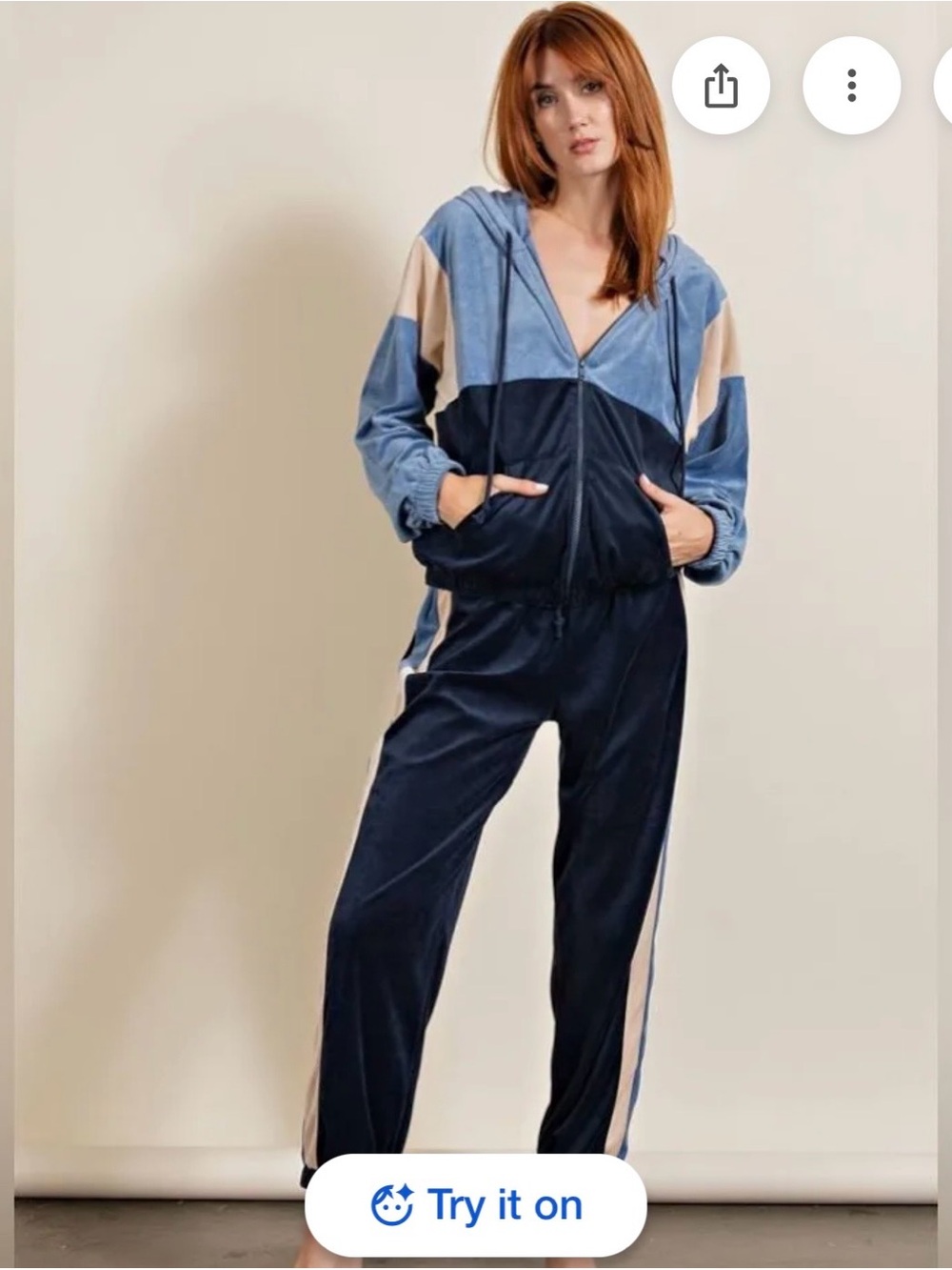 EASEL Colorblock Velvet Zip Jumpsuit in Navy, Light Blue & Tan